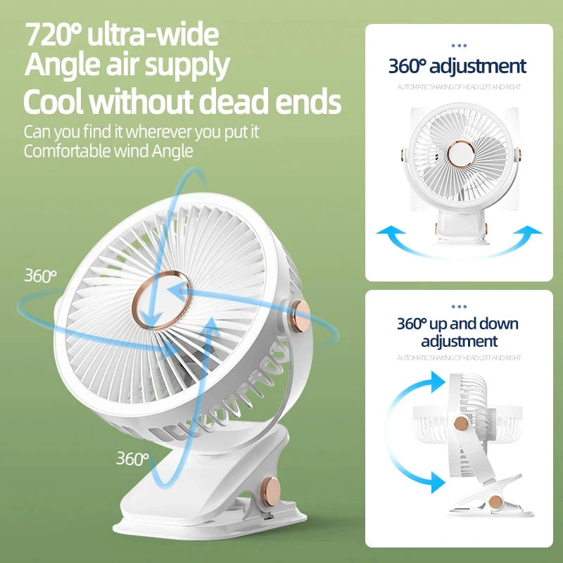 USB Rechargeable Desk Fan Portable Mini Clip-on 360 Degree Rotation